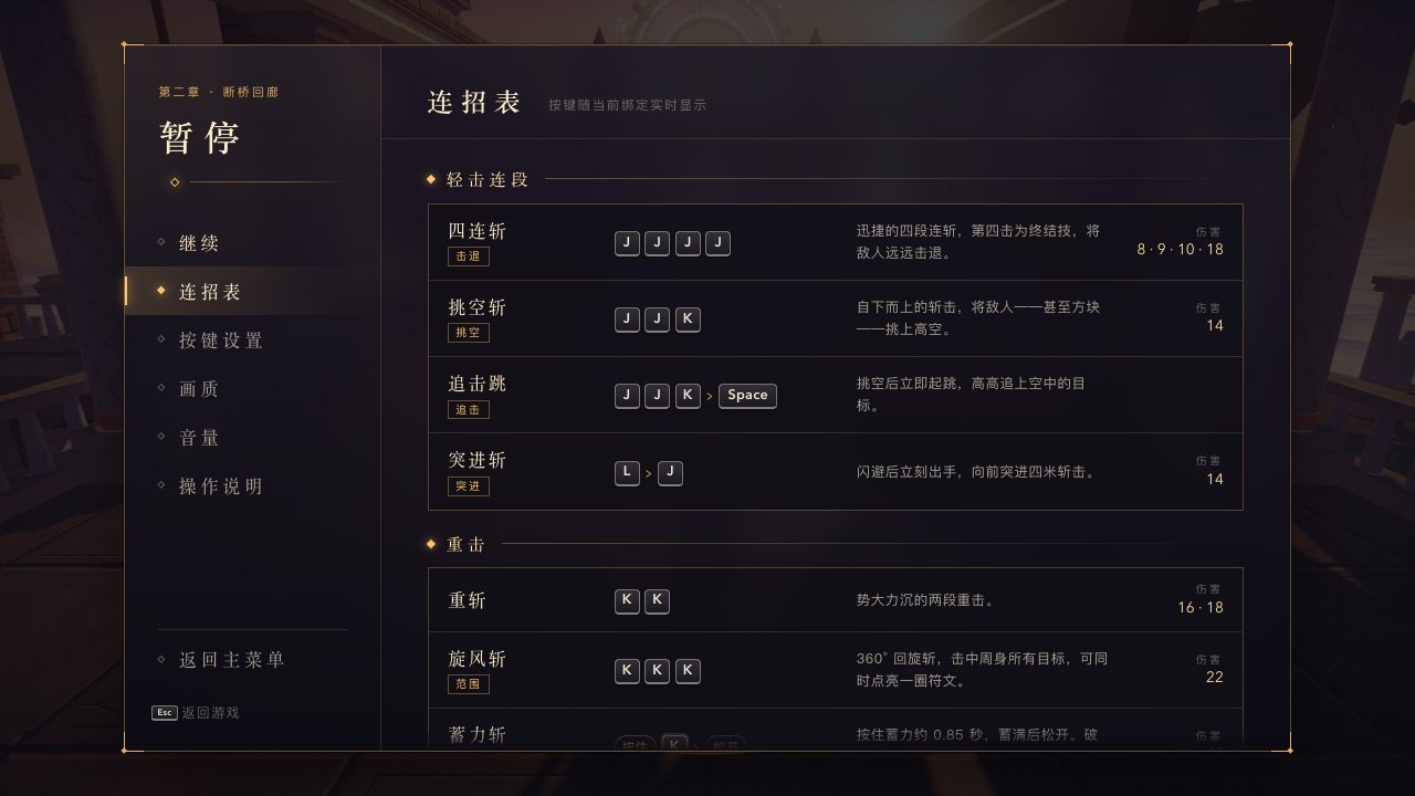 暂停菜单的连招表页面,左边是分页,右边按轻击连段、重击分组列出每个招式的按键、说明和伤害