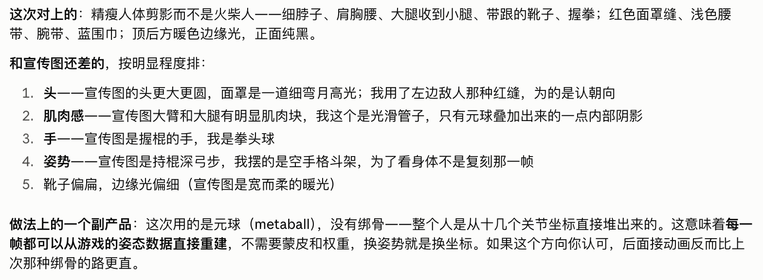 Fable 5.1 自己列出的对照清单,先写这次对上的特征,再按明显程度排出和宣传图还差的五条,最后附了一段元球建模的好处