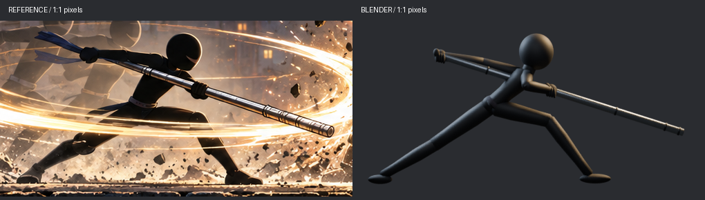 左边是宣传图参考、右边是 GPT-6 建出来的 Blender 模型,1:1 像素对照,两边都是持棍的深弓步